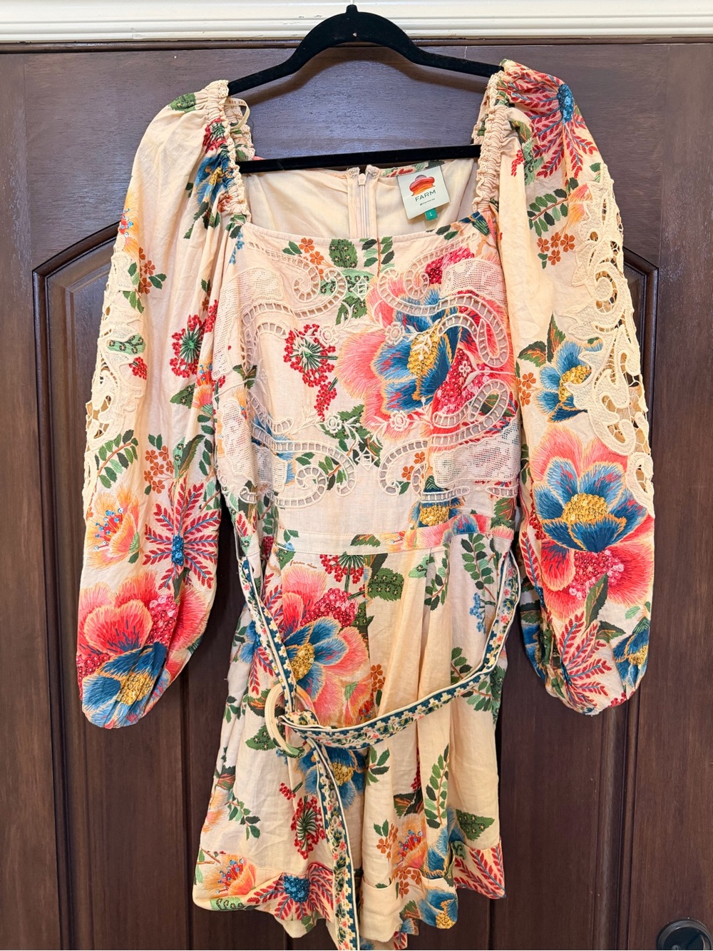 FARM Rio Cream Floral Embroidered Puff-Sleeve Romper - Picture 1 of 9